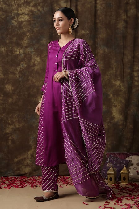 Maison Shefali_Purple Kurta Cotton  Dupatta Chanderi Embroidered Set _Online_at_Aza_Fashions
