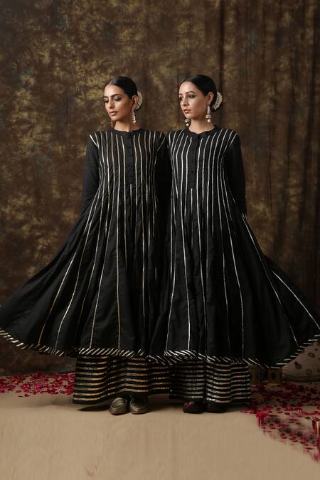 Maison Shefali_Black Kurta Cotton Dupatta Handspun Mul Embroidered Anarkali Palazzo Set _Online_at_Aza_Fashions