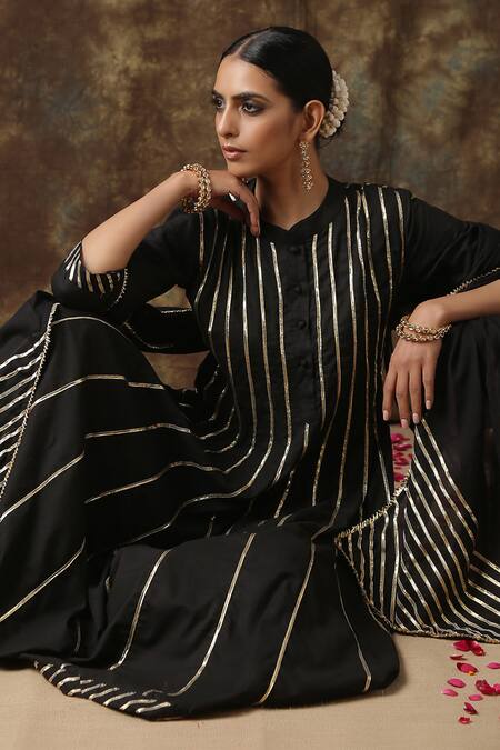 Buy_Maison Shefali_Black Kurta Cotton Dupatta Handspun Mul Embroidered Anarkali Palazzo Set _Online_at_Aza_Fashions