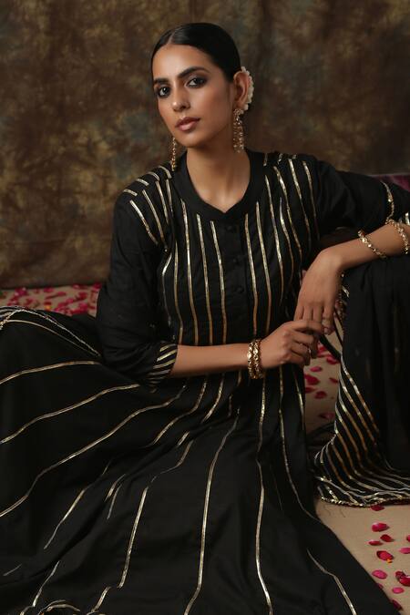 Shop_Maison Shefali_Black Kurta Cotton Dupatta Handspun Mul Embroidered Anarkali Palazzo Set _Online_at_Aza_Fashions