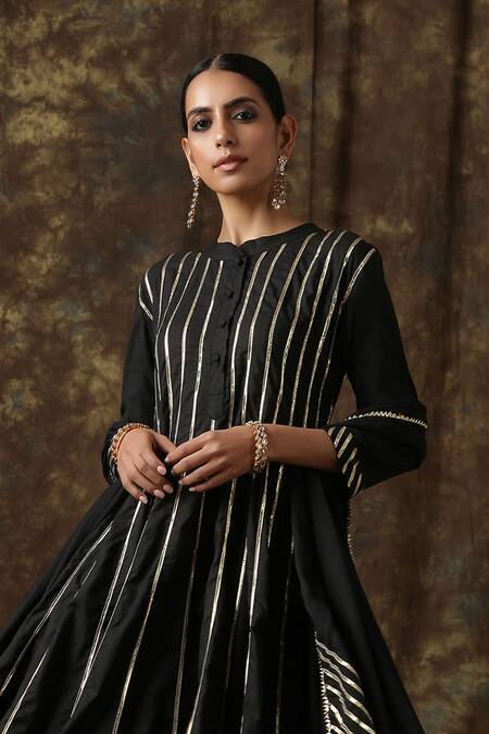 Maison Shefali Black Kurta Cotton Dupatta Handspun Mul Embroidered Anarkali Palazzo Set at Aza Fashions Maison Shefali_Black Kurta Cotton Dupatta Handspun Mul Embroidered Anarkali Palazzo Set _at_Aza_Fashions