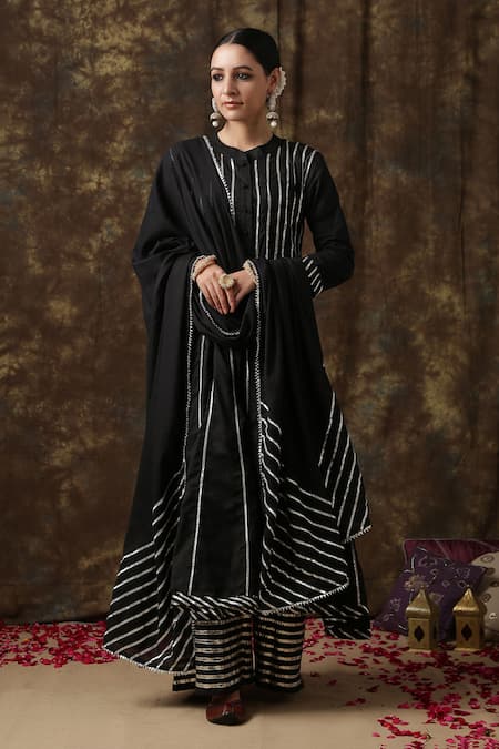 Maison Shefali_Black Kurta Cotton Dupatta Handspun Mul Embroidered Anarkali Palazzo Set _Online_at_Aza_Fashions