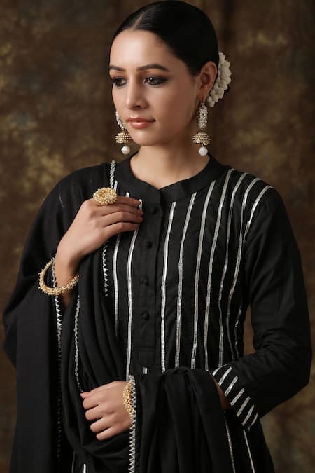 Shop_Maison Shefali_Black Kurta Cotton Dupatta Handspun Mul Embroidered Anarkali Palazzo Set _Online_at_Aza_Fashions