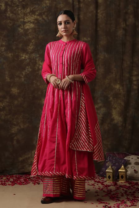 Maison Shefali_Pink Kurta Cotton Dupatta Handspun Mul Embroidered Anarkali Palazzo Set _Online_at_Aza_Fashions