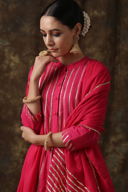 Shop_Maison Shefali_Pink Kurta Cotton Dupatta Handspun Mul Embroidered Anarkali Palazzo Set _Online_at_Aza_Fashions
