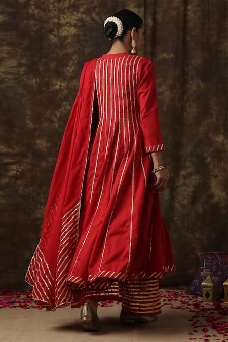 Shop_Maison Shefali_Red Kurta Cotton Dupatta Handspun Mul Embroidered Anarkali Palazzo Set _at_Aza_Fashions