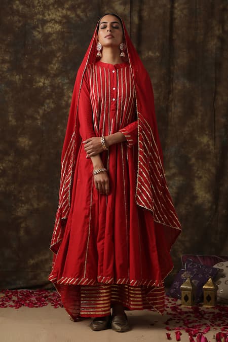 Maison Shefali_Red Kurta Cotton Dupatta Handspun Mul Embroidered Anarkali Palazzo Set _Online_at_Aza_Fashions