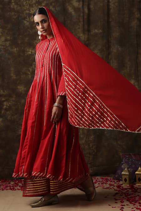 Buy_Maison Shefali_Red Kurta Cotton Dupatta Handspun Mul Embroidered Anarkali Palazzo Set _Online_at_Aza_Fashions