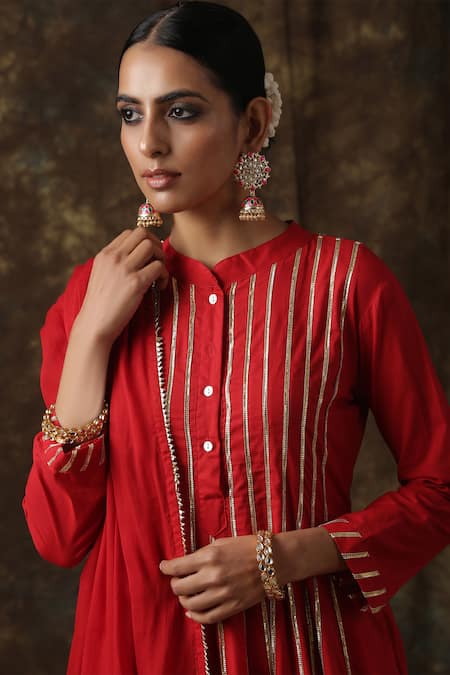 Shop_Maison Shefali_Red Kurta Cotton Dupatta Handspun Mul Embroidered Anarkali Palazzo Set _Online_at_Aza_Fashions
