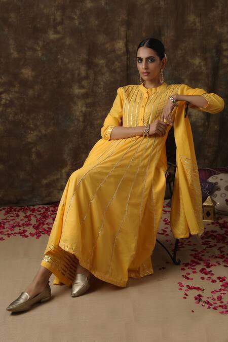 Maison Shefali_Yellow Kurta Cotton Dupatta Handspun Mul Embroidered Anarkali Palazzo Set _Online_at_Aza_Fashions