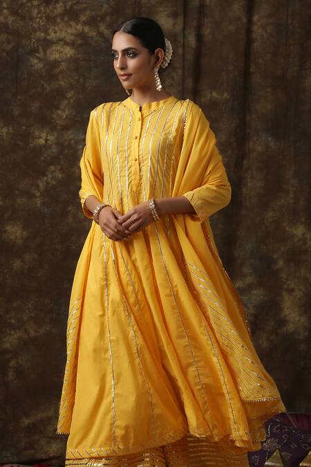 Buy Maison Shefali Yellow Kurta Cotton Dupatta Handspun Mul Embroidered Anarkali Palazzo Set Online at Aza Fashions Buy_Maison Shefali_Yellow Kurta Cotton Dupatta Handspun Mul Embroidered Anarkali Palazzo Set _Online_at_Aza_Fashions