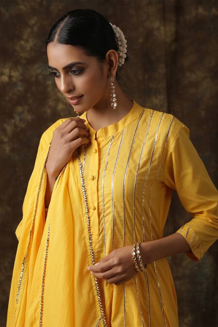 Shop_Maison Shefali_Yellow Kurta Cotton Dupatta Handspun Mul Embroidered Anarkali Palazzo Set _Online_at_Aza_Fashions