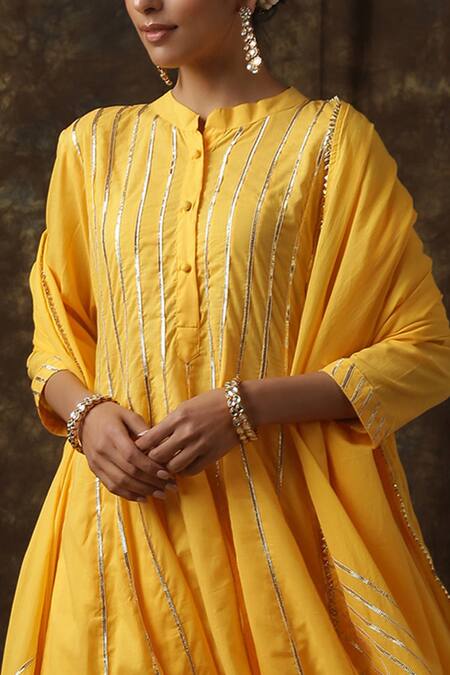 Maison Shefali Yellow Kurta Cotton Dupatta Handspun Mul Embroidered Anarkali Palazzo Set at Aza Fashions Maison Shefali_Yellow Kurta Cotton Dupatta Handspun Mul Embroidered Anarkali Palazzo Set _at_Aza_Fashions