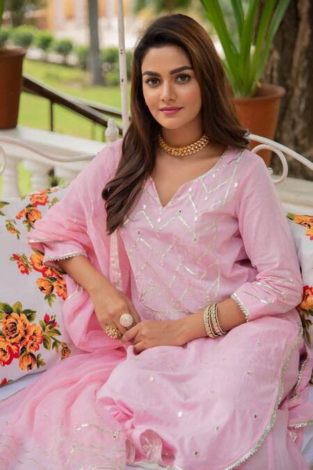 Shop_Maison Shefali_Pink Cotton Embroidery V Neck Mirror Embellished Kurta Set _Online_at_Aza_Fashions