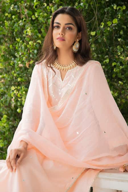 Shop_Maison Shefali_Peach Cotton Embroidery V Neck Mirror Embellished Kurta Set _Online_at_Aza_Fashions