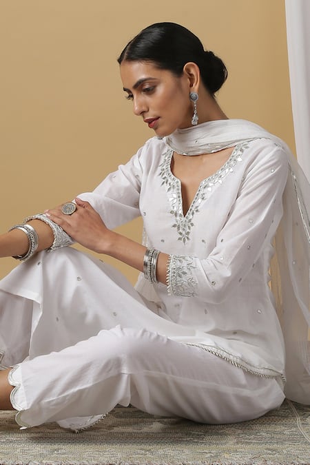 Maison Shefali_White Cotton, Kota Doria Embroidered Kurta Set _Online_at_Aza_Fashions