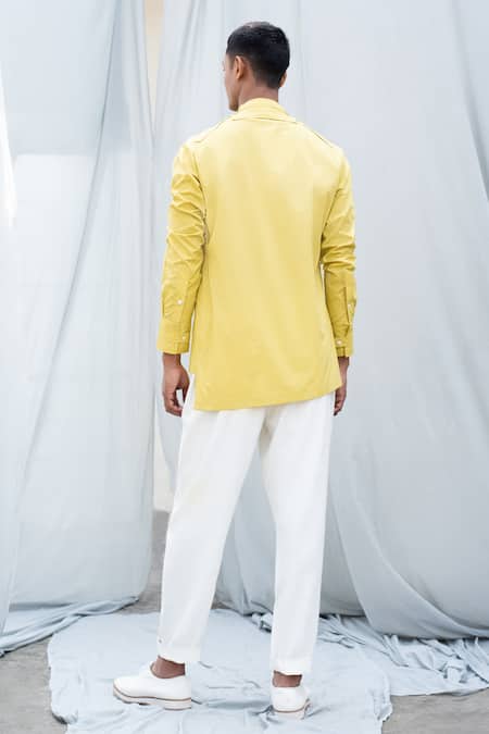 Shop Antar Agni Yellow Poplin Asymmetric Shirt at Aza Fashions Shop_Antar Agni_Yellow Poplin Asymmetric Shirt _at_Aza_Fashions