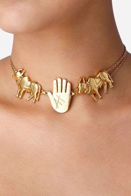 Masaba_Gold Plated Metal Cow And Palm Choker_Online_at_Aza_Fashions