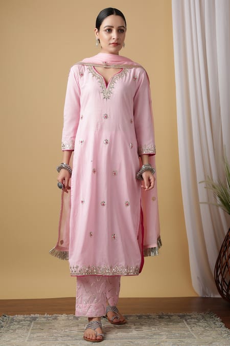 Maison Shefali_Pink Cotton Embroidered Kurta Set _Online_at_Aza_Fashions