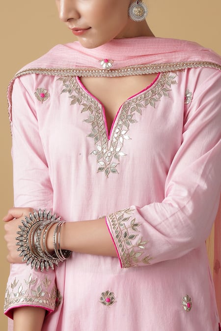 Buy_Maison Shefali_Pink Cotton Embroidered Kurta Set _Online_at_Aza_Fashions
