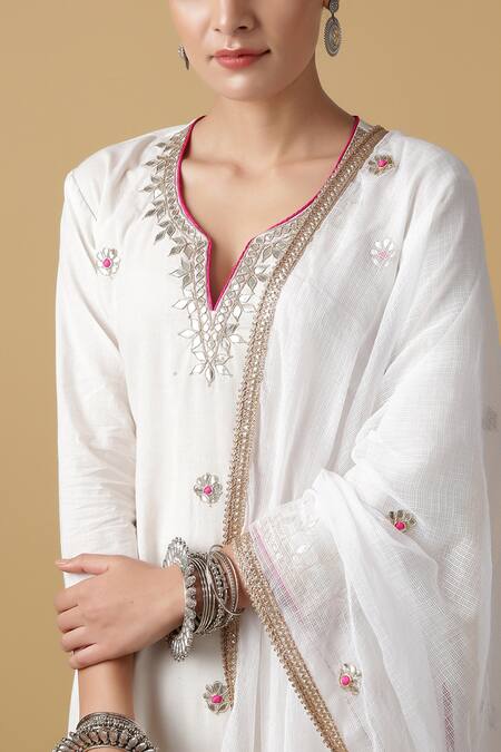 Buy_Maison Shefali_White Cotton, Kota Doria Embroidered Kurta Set _Online_at_Aza_Fashions