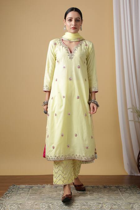 Maison Shefali_Yellow Cotton Embroidered Kurta Set _Online_at_Aza_Fashions