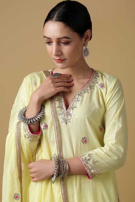 Shop_Maison Shefali_Yellow Cotton Embroidered Kurta Set _Online_at_Aza_Fashions