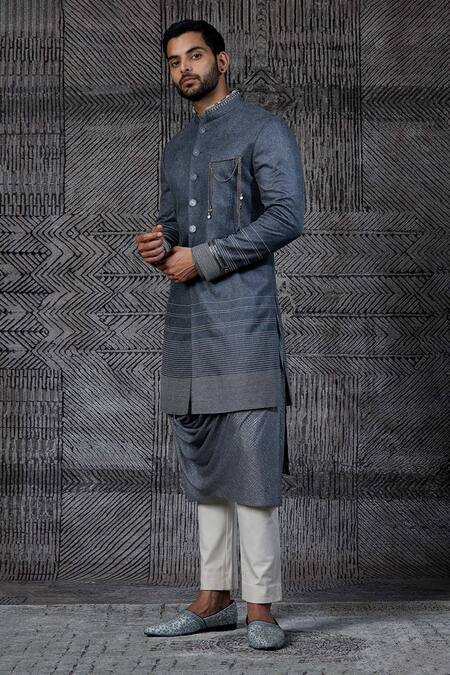 Shantnu Nikhil Grey Sherwani Brushed Felt And Draped Kurta Set 