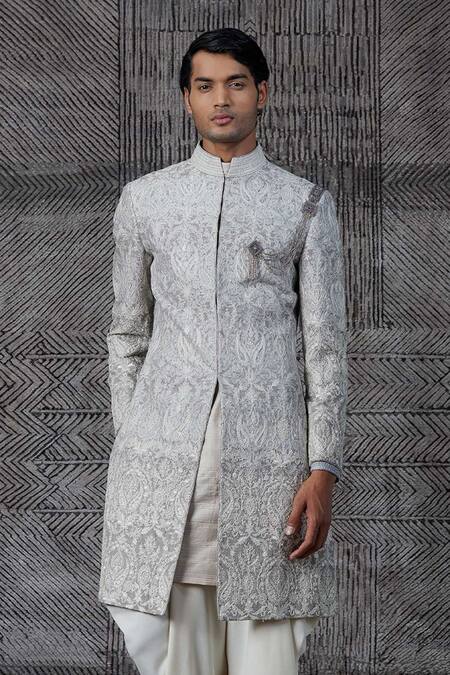 Buy_Shantnu Nikhil_Grey Brocade Sherwani With Kurta _Online_at_Aza_Fashions