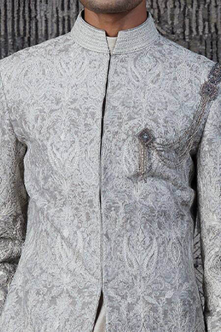 Shop_Shantnu Nikhil_Grey Brocade Sherwani With Kurta _Online_at_Aza_Fashions