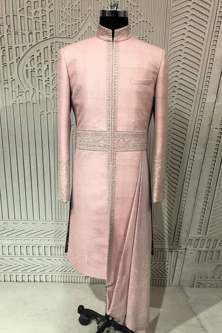 Shop_Shantnu Nikhil_Pink Tusser Georgette Draped Sherwani _at_Aza_Fashions