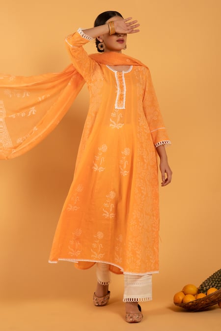 Maison Shefali_Orange Cotton Embroidery Round Printed Anarkali Set _Online_at_Aza_Fashions