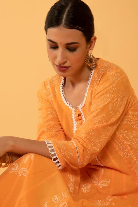 Shop_Maison Shefali_Orange Cotton Embroidery Round Printed Anarkali Set _Online_at_Aza_Fashions