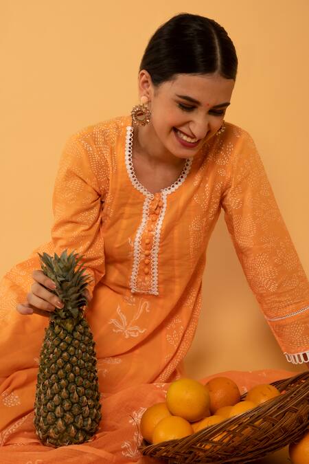 Maison Shefali_Orange Cotton Embroidery Round Printed Anarkali Set _at_Aza_Fashions
