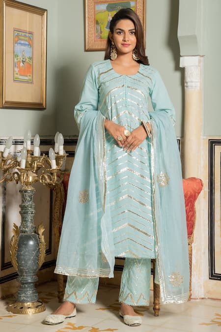 Maison Shefali_Blue Cotton Embroidery Round Gota Kurta Set _Online_at_Aza_Fashions