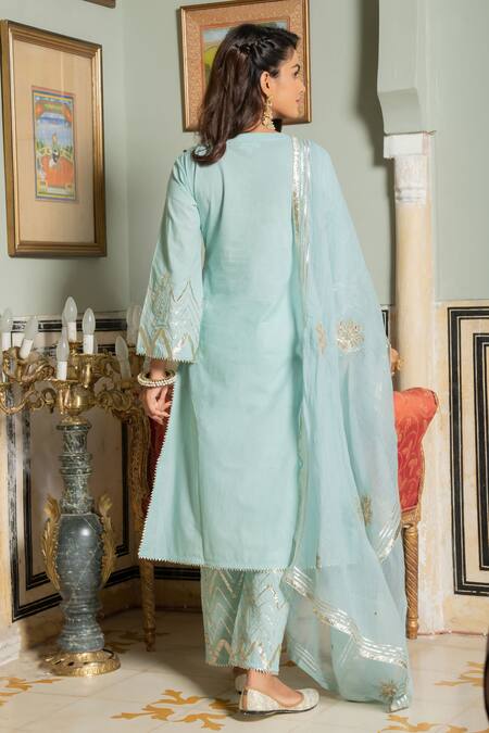 Shop_Maison Shefali_Blue Cotton Embroidery Round Gota Kurta Set _at_Aza_Fashions