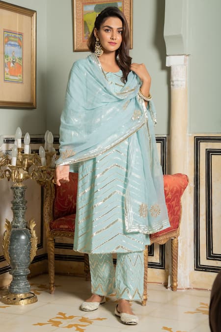 Buy_Maison Shefali_Blue Cotton Embroidery Round Gota Kurta Set _Online_at_Aza_Fashions