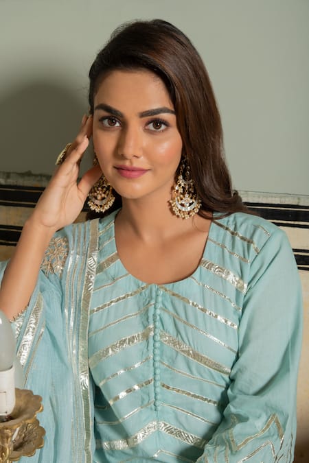 Shop_Maison Shefali_Blue Cotton Embroidery Round Gota Kurta Set 