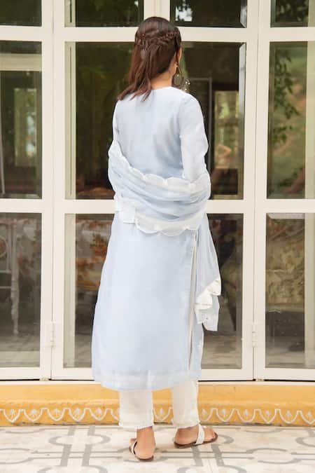 Shop Maison Shefali Blue Chanderi Embroidery Round Kurta Set at Aza Fashions Shop_Maison Shefali_Blue Chanderi Embroidery Round Kurta Set _at_Aza_Fashions