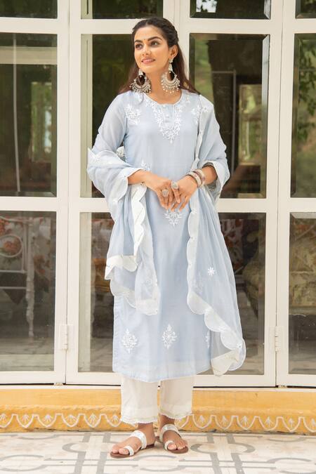 Buy Maison Shefali Blue Chanderi Embroidery Round Kurta Set Online at Aza Fashions Buy_Maison Shefali_Blue Chanderi Embroidery Round Kurta Set _Online_at_Aza_Fashions