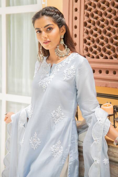 Shop Maison Shefali Blue Chanderi Embroidery Round Kurta Set Online at Aza Fashions Shop_Maison Shefali_Blue Chanderi Embroidery Round Kurta Set _Online_at_Aza_Fashions