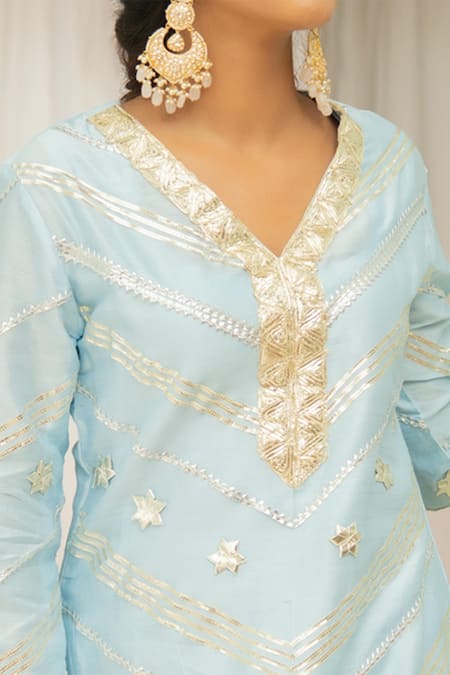 Shop_Maison Shefali_Blue Chanderi Pant Cotton Silk V Neck Kurta And Set _Online_at_Aza_Fashions