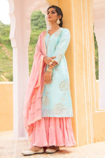 Buy_Maison Shefali_Blue Kurta And Dupatta Chanderi Pant V Neck Sharara Set _Online_at_Aza_Fashions