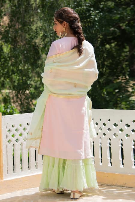 Shop_Maison Shefali_Green Kurta And Dupatta Chanderi Pant Embroidery V Neck Sharara Set _at_Aza_Fashions