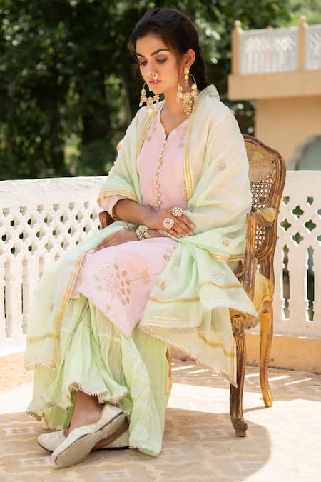 Buy_Maison Shefali_Green Kurta And Dupatta Chanderi Pant Embroidery V Neck Sharara Set _Online_at_Aza_Fashions