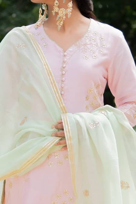 Shop_Maison Shefali_Green Kurta And Dupatta Chanderi Pant Embroidery V Neck Sharara Set _Online_at_Aza_Fashions