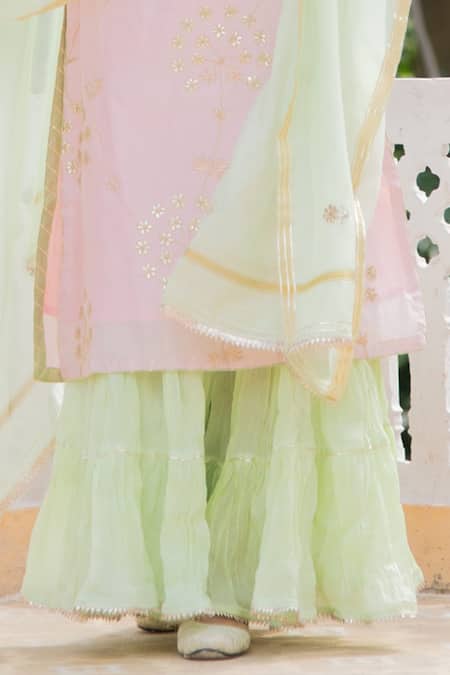 Maison Shefali_Green Kurta And Dupatta Chanderi Pant Embroidery V Neck Sharara Set _at_Aza_Fashions