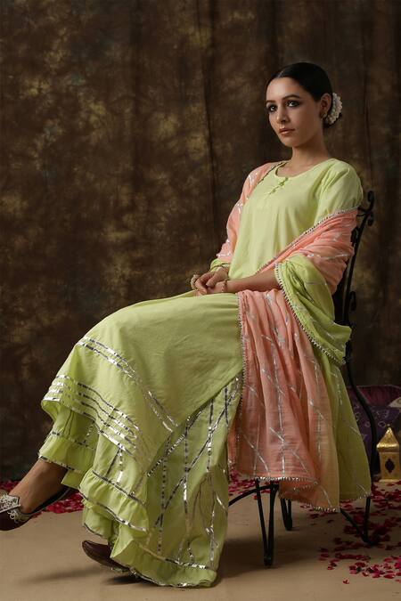 Maison Shefali_Green Cotton Embroidered Kurta Sharara Set _Online_at_Aza_Fashions