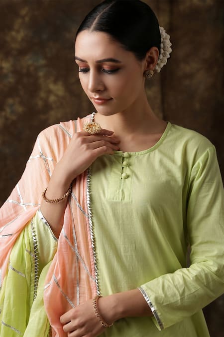 Shop_Maison Shefali_Green Cotton Embroidered Kurta Sharara Set _Online_at_Aza_Fashions