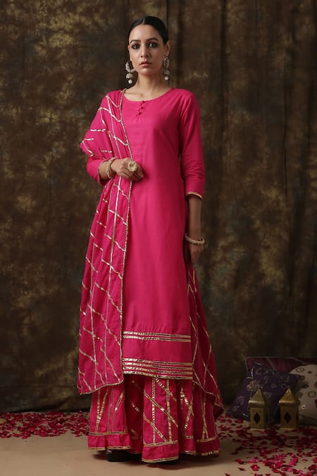 Maison Shefali_Pink Cotton Embroidered Kurta Sharara Set _Online_at_Aza_Fashions